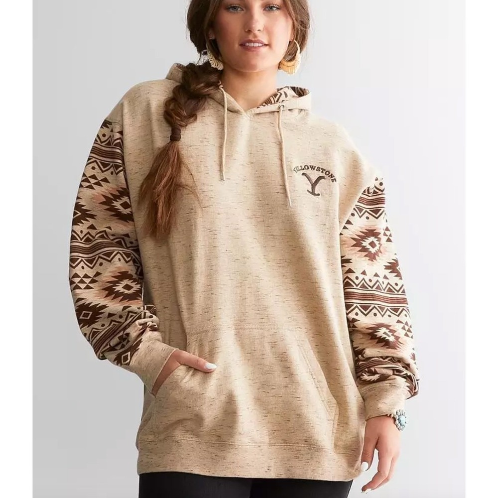 Yellowstone TV Series Women's Aztec Print Hooded Sweatshirt LARGE Tan Dutton NWT